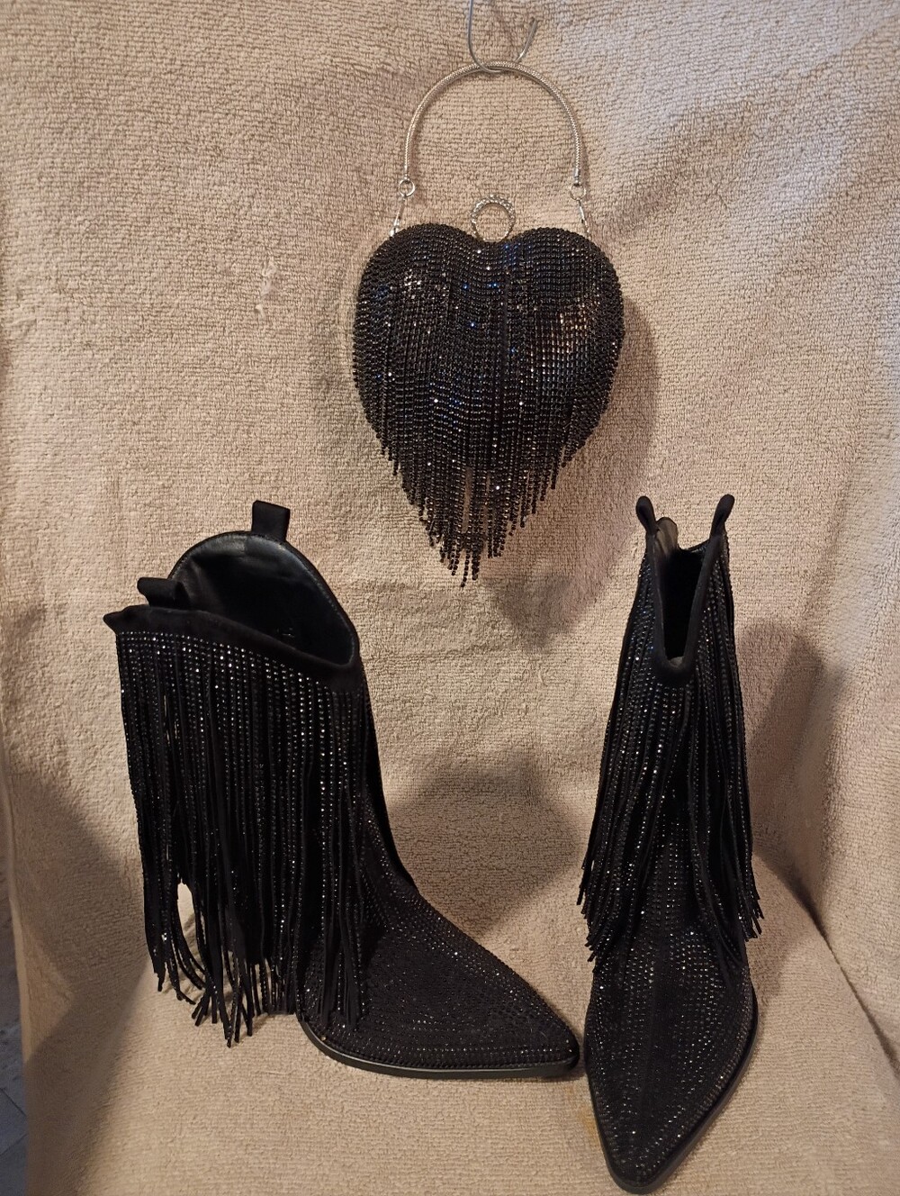 NWOT Hiclotsa Black Rhinestone Fringe Cowboy Boots & Black Rhinestone Purse Set